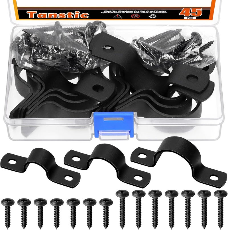 Tanstic 15Pcs Black Two Hole Pipe Strap, 3/4” 1” 1-1/4” Two Hole Strap U Bracket Rigid Pipe Strap Pipe Strap Clamp with Phillips Modified Truss Head Wood Screws for Fixing Pipe, Conduit, U Bracket - Image 1